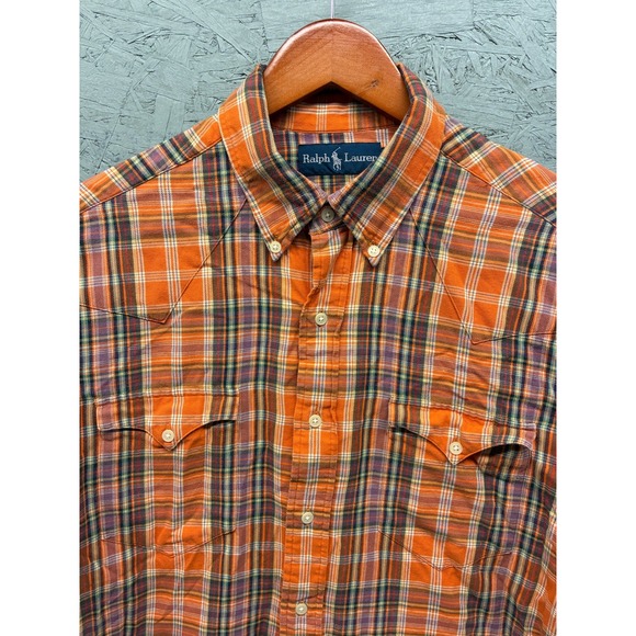 Ralph Lauren Button Down Shirt Men's Large Orange Plaid Long Sleeve Preppy - Picture 2 of 11